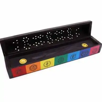 Boîte Porte-Encens 7 Chakras Bois Manguier | Brûleur Spirituel 30cm