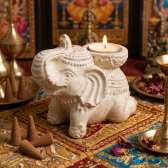 Porte-Encens Éléphant Béton Crème 14cm | Brûleur Encens et Bougie