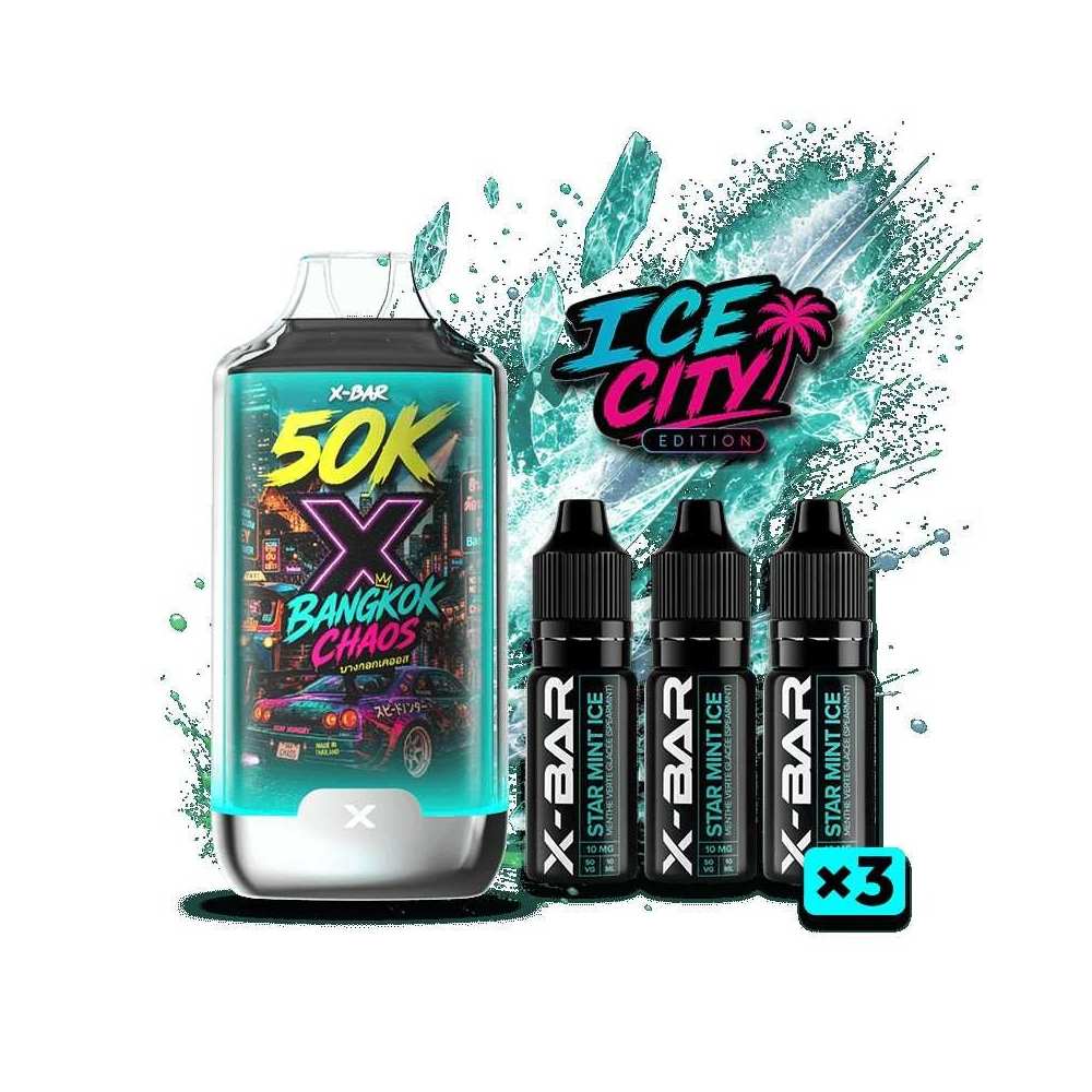 Kit X-BAR 50K Ice City – Bangkok Chaos + 3 e-liquides 10 ml