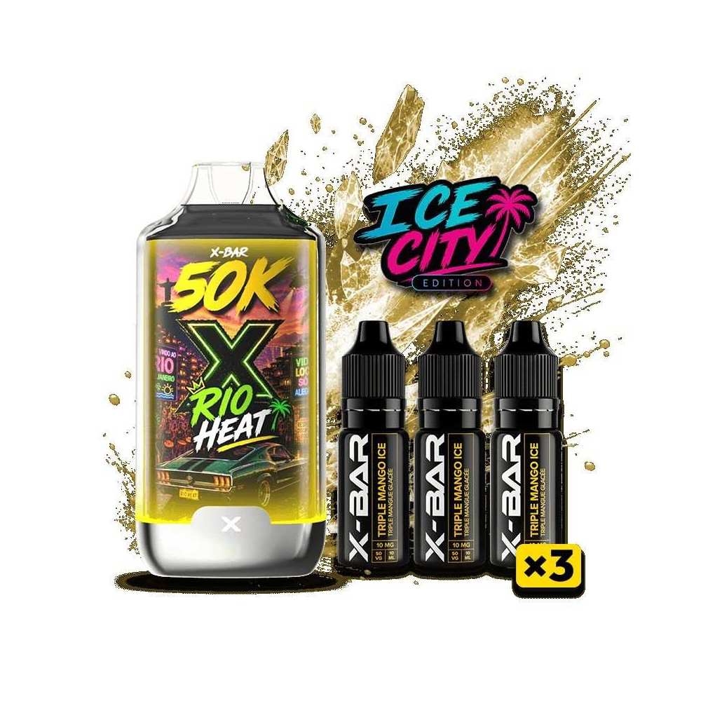Kit X-BAR 50K Ice City Rio Heat + 3 e-liquides Triple Mango